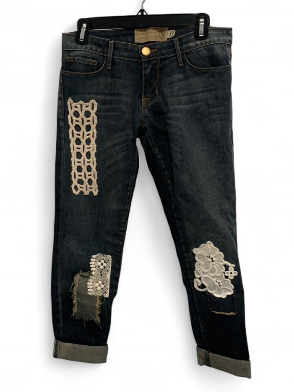 Free People Artisan de Luxe Dark Wash Cropped Jeans with White Lace Appliqué